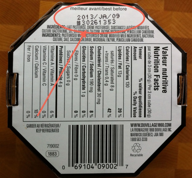 DuVillage Le Triple Cream Cheese bottom of package showing best before date